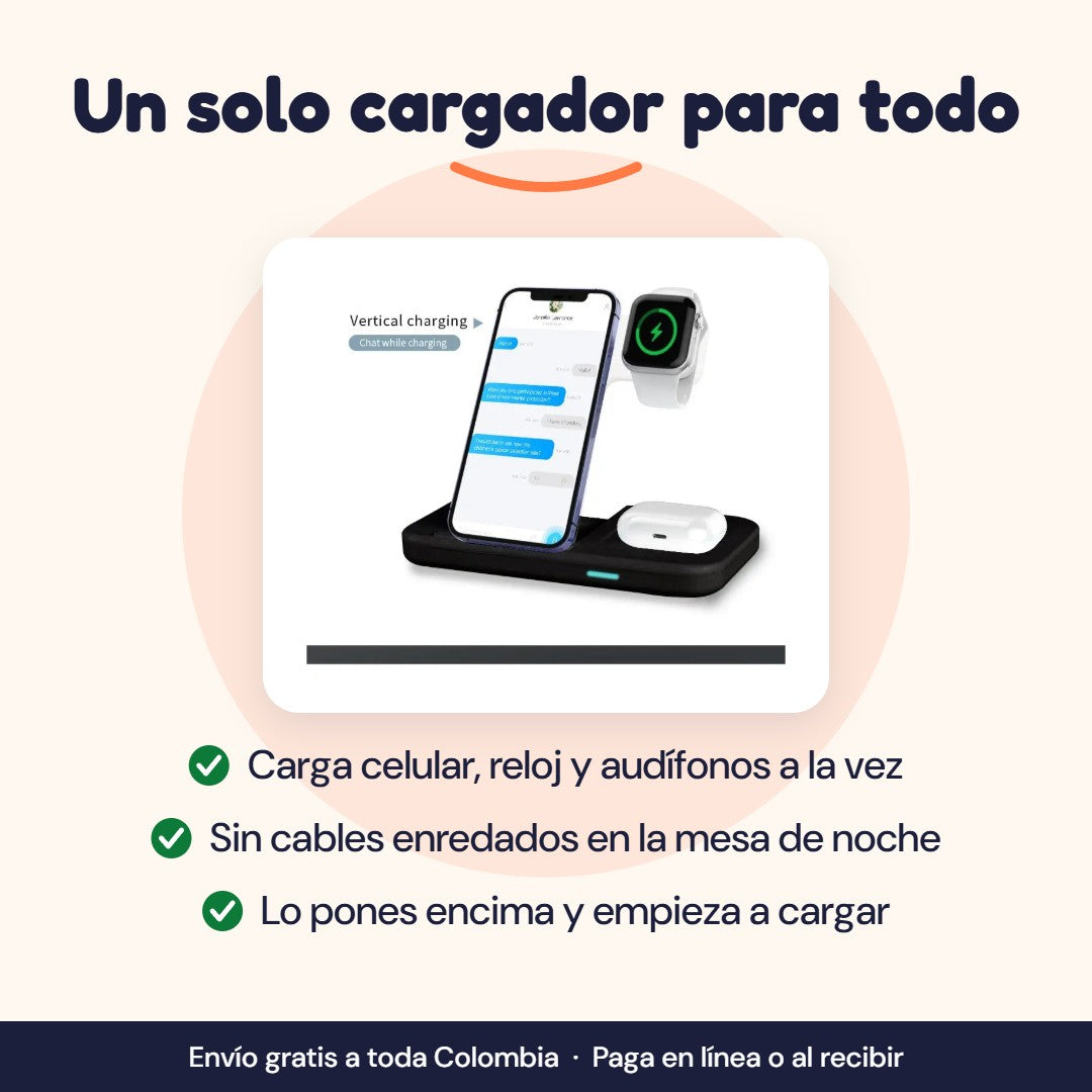 Cargador inalámbrico 3 en 1: carga celular, reloj y audífonos a la vez