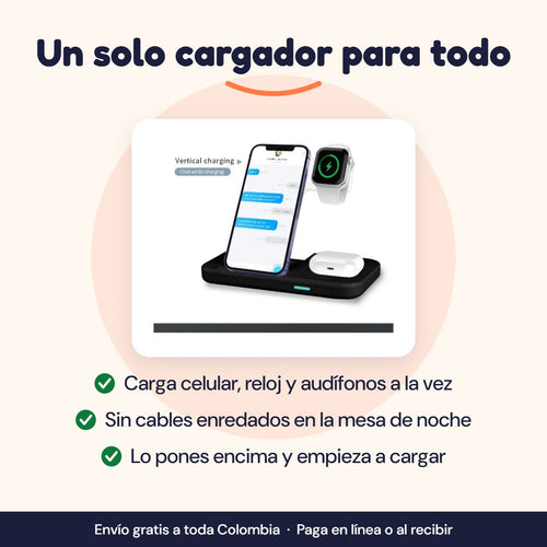 Cargador inalámbrico 3 en 1: carga celular, reloj y audífonos a la vez
